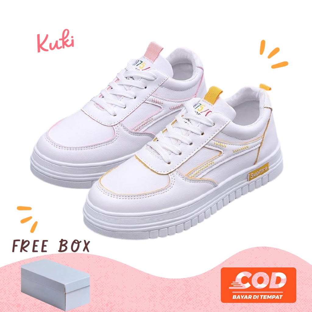 KUKI Sepatu Sneakers Casual Wanita Putih Kulit Sintetis Import