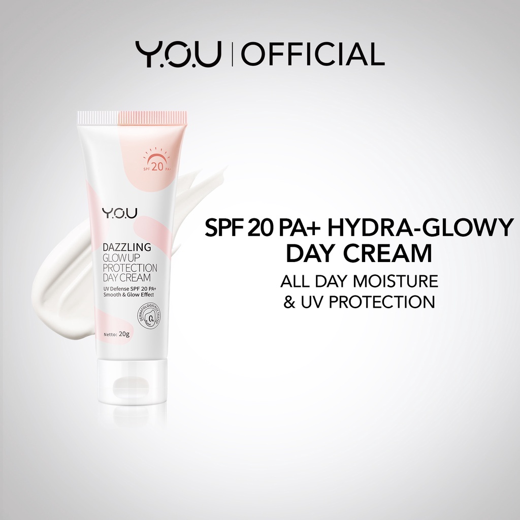 YOU Dazzling Glow Up Protection Day Cream Indonesia / Pelembab Wajah 20g 40g / SPF 20 PA+ / Smooth &amp; Glow Effect / Hydra Glowy All Day Moisture UV / Krim Mencerahkan Sunblock / Skincare Face Care / Y.O.U Series Bundle Facial Foam Toner Night Tone Up Body