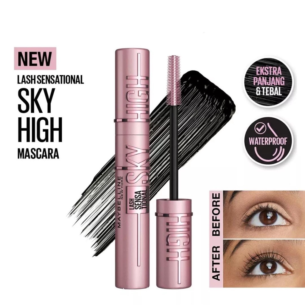 ( NEW ) Mascara Maybelline Sky High Waterproof - Maskara Eye Makeup Black Smudgeproof Lash Sensional Sky High Waterproof Mascara Maybelline + Gratis Pelentik Bulu Mata Galenco