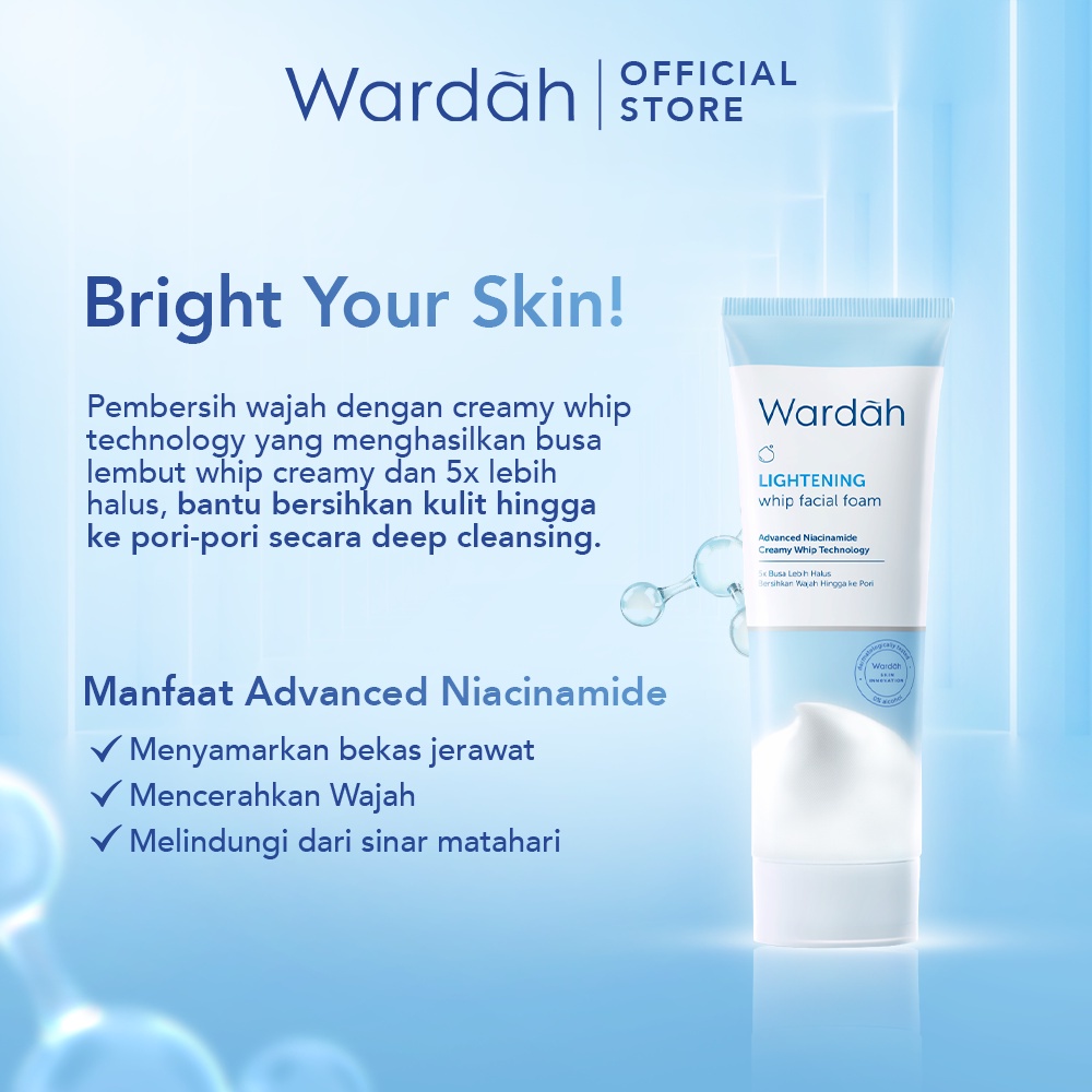 WARDAH Lightening Whip Facial Foam Indonesia / Pembersih Wajah 50ml 100ml / Advanced Niacinamide Creamy Whip Technology / 5x Busa Lebih Halus Bersihkan Wajah Hingga ke Pori / Berminyak / Cleanser Cleansing Face Wash Sabun Cuci Muka / Skincare Care Series