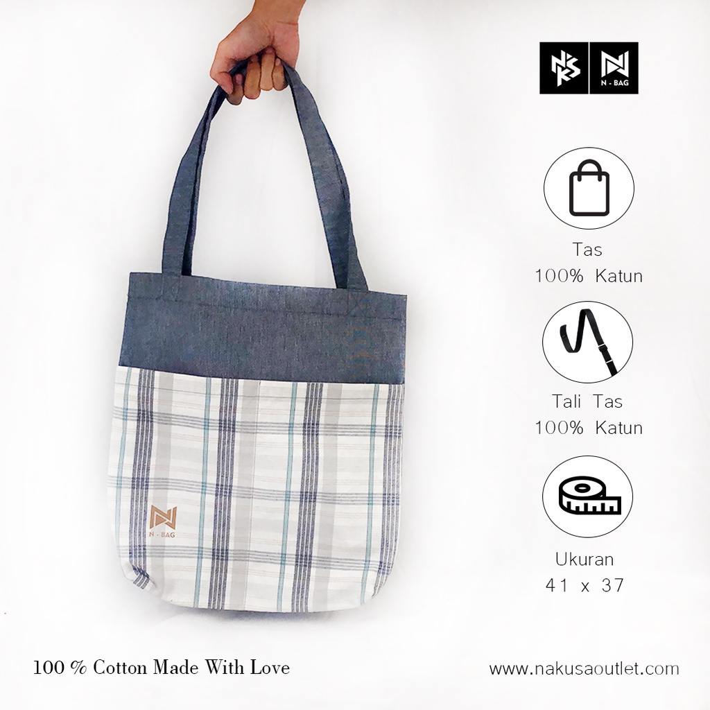 N-BAG 3 - Tas Tote Bag Bahan Full Katun Yarn Dyed Variasi Motif Kotak + FREE POUCH - Unisex - Original Nakusa