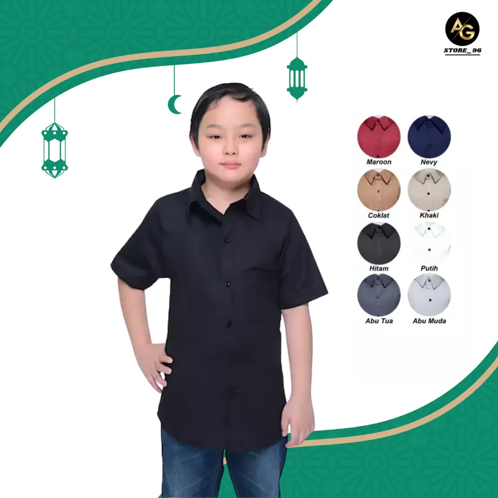 Baju Atasan kemeja anak laki laki cowok 8 9 10 11 12 13 tahun lengan pendek polos Hitam