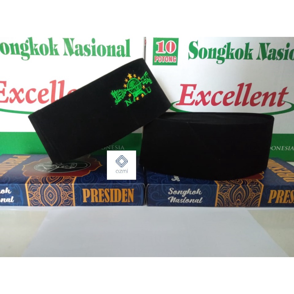Songkok Azmi Bordir NU NON AC Tinggi 9cm Peci Kopiah Hitam Bordir NU Hijau Ukuran Dewasa