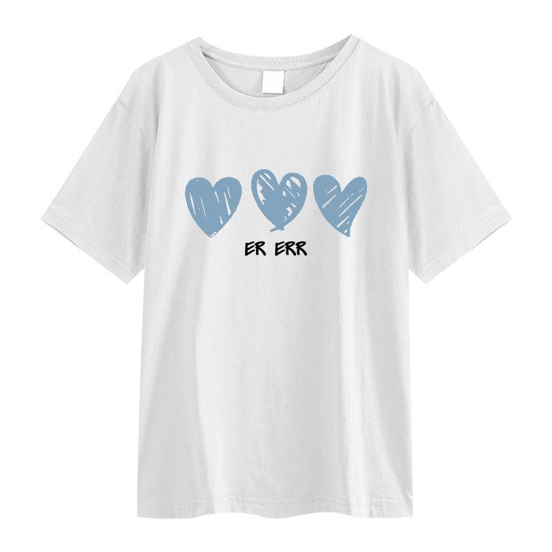 100% cotton baju kaos wanita lengan pendek korean style blue heart graffiti print t-shirt import kaos puith ootd