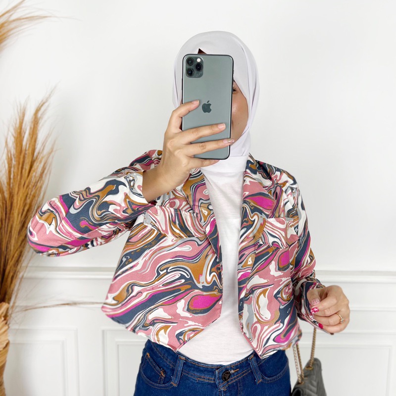 BEFAST - ZFS OOTD BLAZER CINDY / MARBLE PINK CUTE BLAZER / Fashion Wanita Modis / Pakaian Casual Wanita Trendy / Blazer Crop Motit Marble / Outfit Wanita Hangout / Blazer Crop Model Terbaru