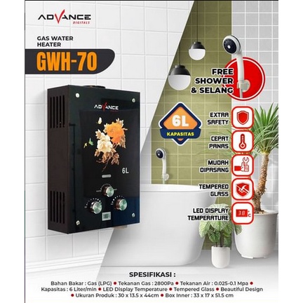 ADVANCE Water heater gas 6 Liter GWH 70 Tempered Glass Kaca digital