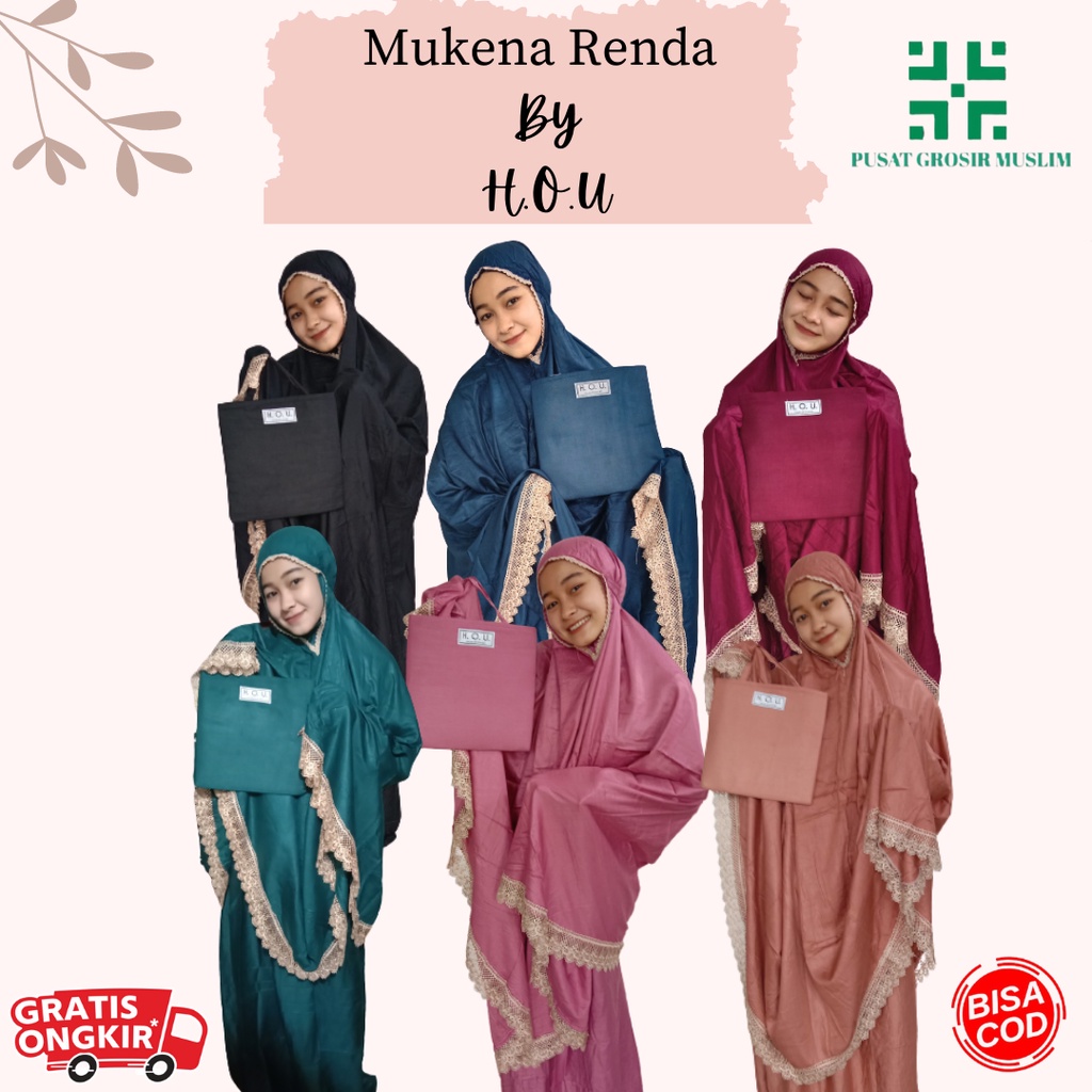 Mukena Renda Dewasa H.O.U Free Tas Mukenah Jumbo Bahan Katun Premium Bahan Adem