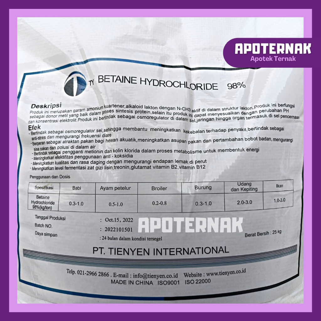 BETAINE HCL 1 kg | Super Amino Protein &amp; Atraktan Hewan Sapi Babi Ayam Burung Udang Kepiting Ikan | Betain Ternak