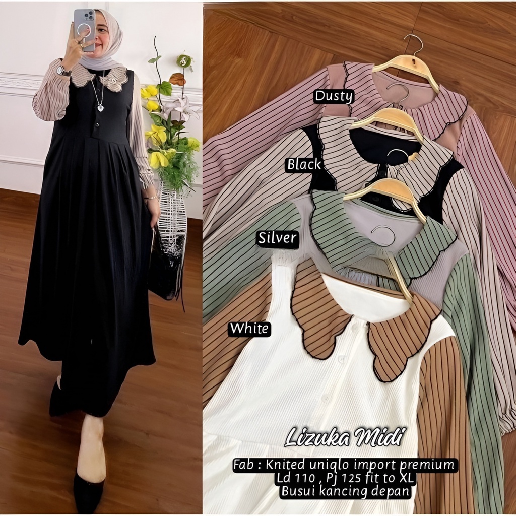 Gamis Wanita Lizura Midi Dress Rayon Premium Kancing Depan Motif Terbaru