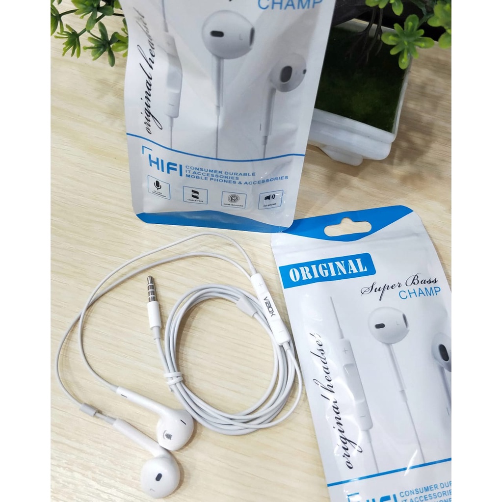 HEADSET ORIGINAL CHAMP PREMIUM EARPHONE HF PACKING IMPORT KLIP