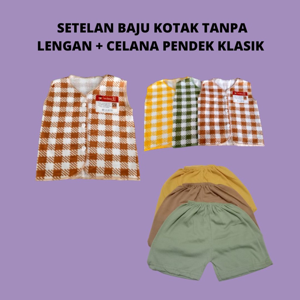 Setelan Baju Newborn Kotak Tanpa Lengan + Celana Pendek Klasik Lusiana E 652303 + 651120