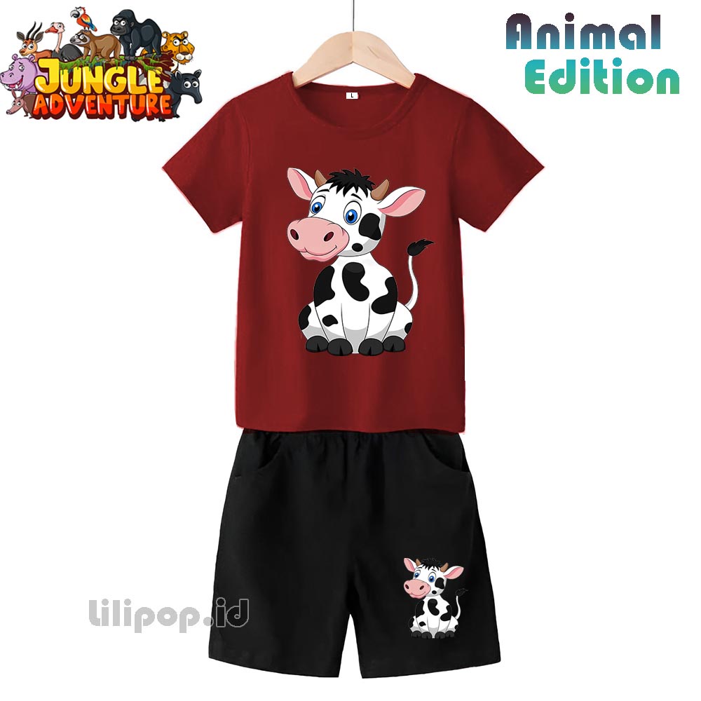 Baju Anak Stelan Kaos 3/4 sapi cow Cowok Cewek  Usia 1 - 4 Tahun Celana Pendek Harian