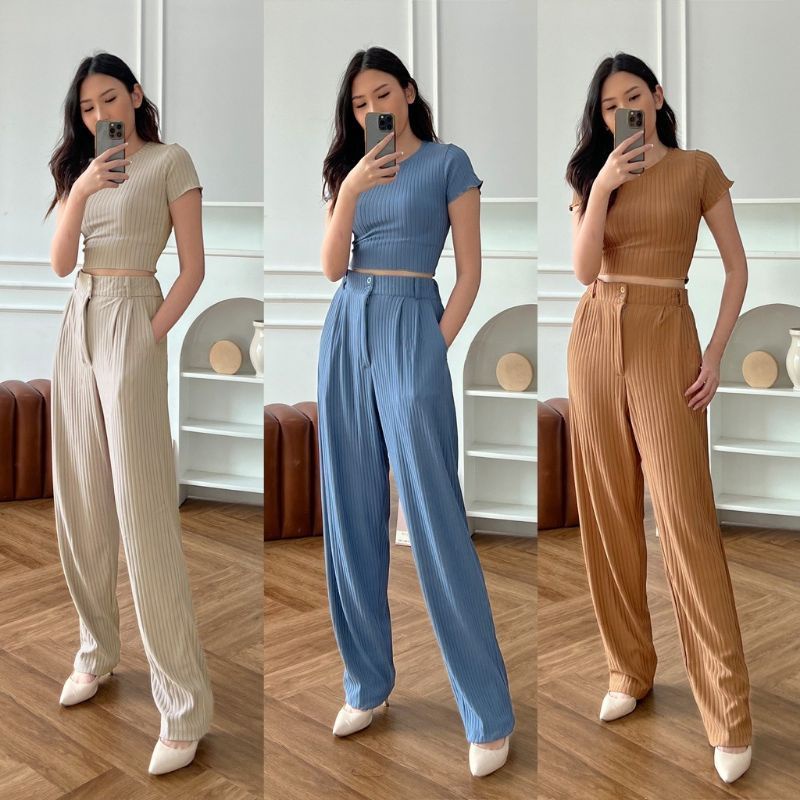 Premium Celana Kulot Rib Knit Highwaist Celana Panjang Loose Pants Trousers