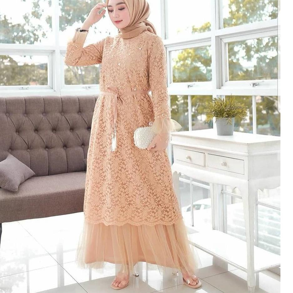 ◘ PROMO - Juliana Maxy Dress Brukat Tile Mutiara Import Free Belt Fashion Gaun Gamis Pesta Kondangan