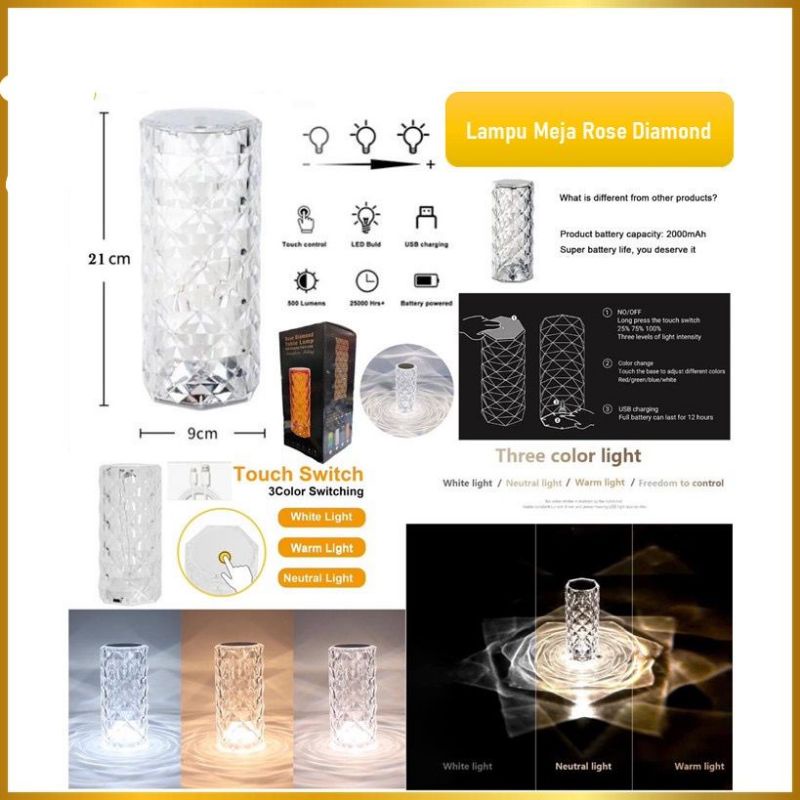 Lampu Meja Crystal Led Touch Lampu Hias Rose Diamond Aesthetic Mewah - UA