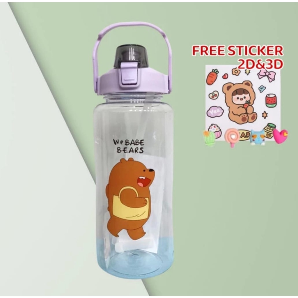 Botol Minum 2 Liter Viral Bening Transparan Motif We Bear Free Sticker 2D&amp;3D BPA Free-Botol Motivasi 2 Liter Bening Transparan Water Drink+Sticker 2D&amp;3D