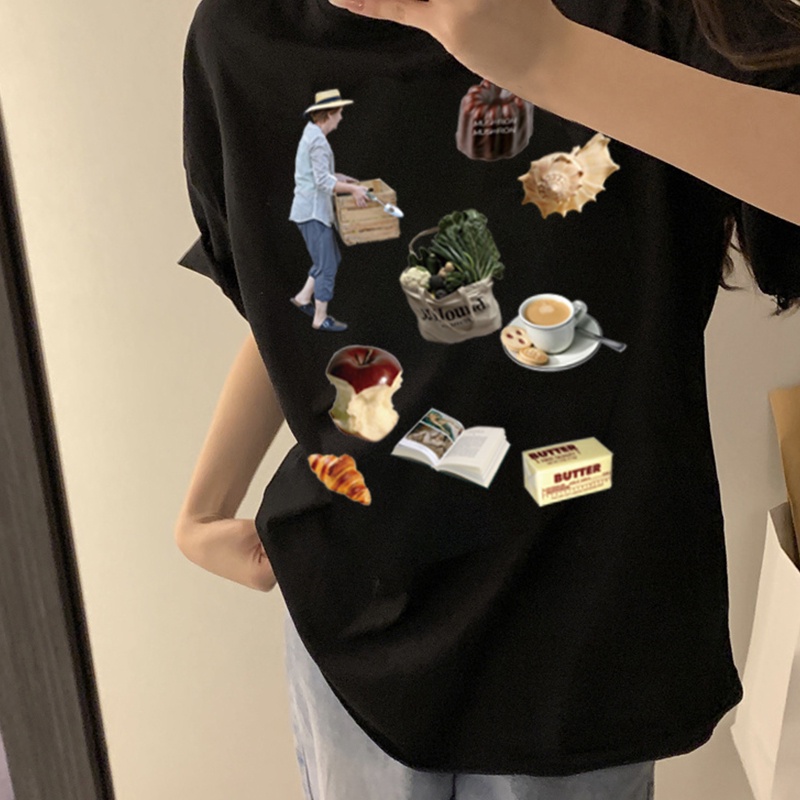 Print T-shirt Kaos Lengan Pendek Cartoon Peasant Life Cube Atasan Wanita Korean Style