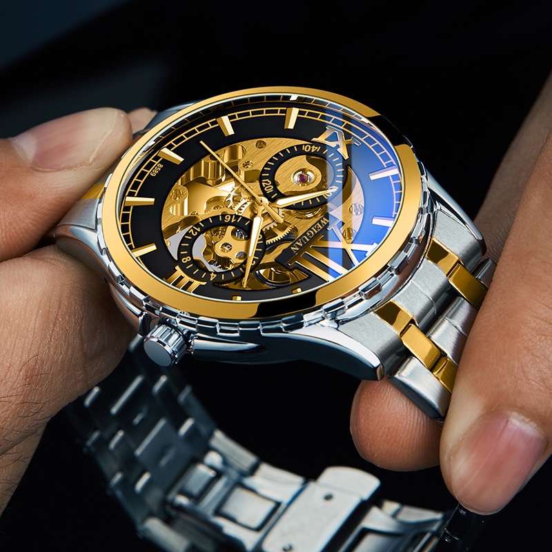 ◊☞☸WEIGUAN Emas Automatic Watch Pria Stainless Steel Tali Skeleton Jam Tangan Mekanis Top Brand Mewa