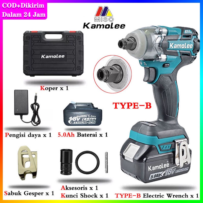 [TYPE-B Berisi Baterai 5.0Ah] Kamolee DTW285 520 N.m 1/2"、1/4" Fungsi Ganda Kunci Pas Dampak Listrik