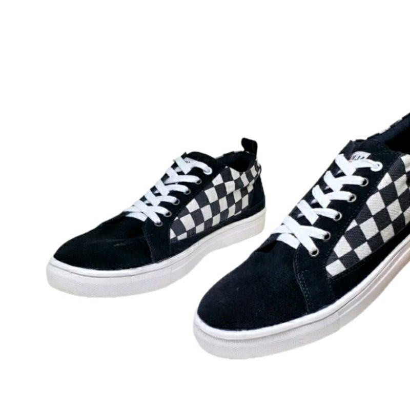 CATZIE Sepatu Kasual Pria Men-505 Motif Catur Sepatu Sneakers Hitam 39-44 Low Cut Remaja Smp Sma, 39