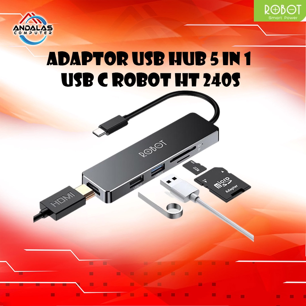 ADAPTOR USB HUB 5 IN 1 USB C ROBOT HT 240S