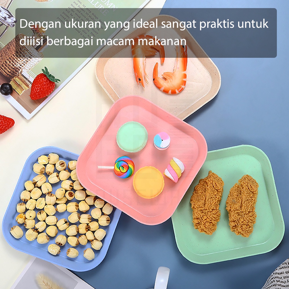 HUGO Piring Persegi Bahan Jerami Serat Gandum Piring Plastik Piring Cemilan Serbaguna Microwaveable