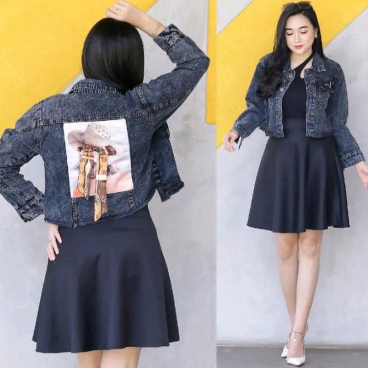 Jaket Wanita Crop Jeans Cewek Jaket Crop Denim Jins Pita Ripped Rawis Jaket belakang gambar pita Kek