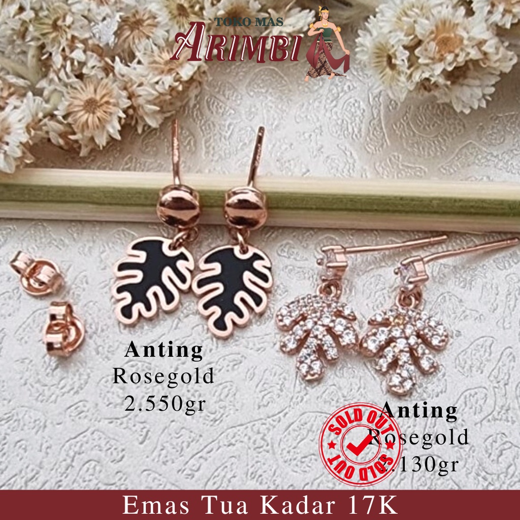 Anting Emas Tindik Cat Daun Monstera Hitam Rosegold