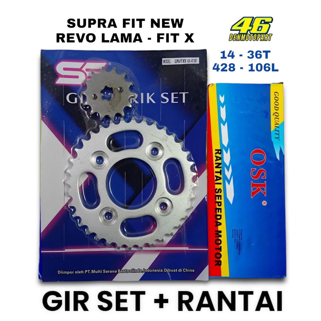 GEAR GIR RANTAI SET PAKET [ 428 X 106L ] MOTOR HONDA - SUPRA FIT NEW , REVO LAMA , SUPRA 125 F1 NEW 