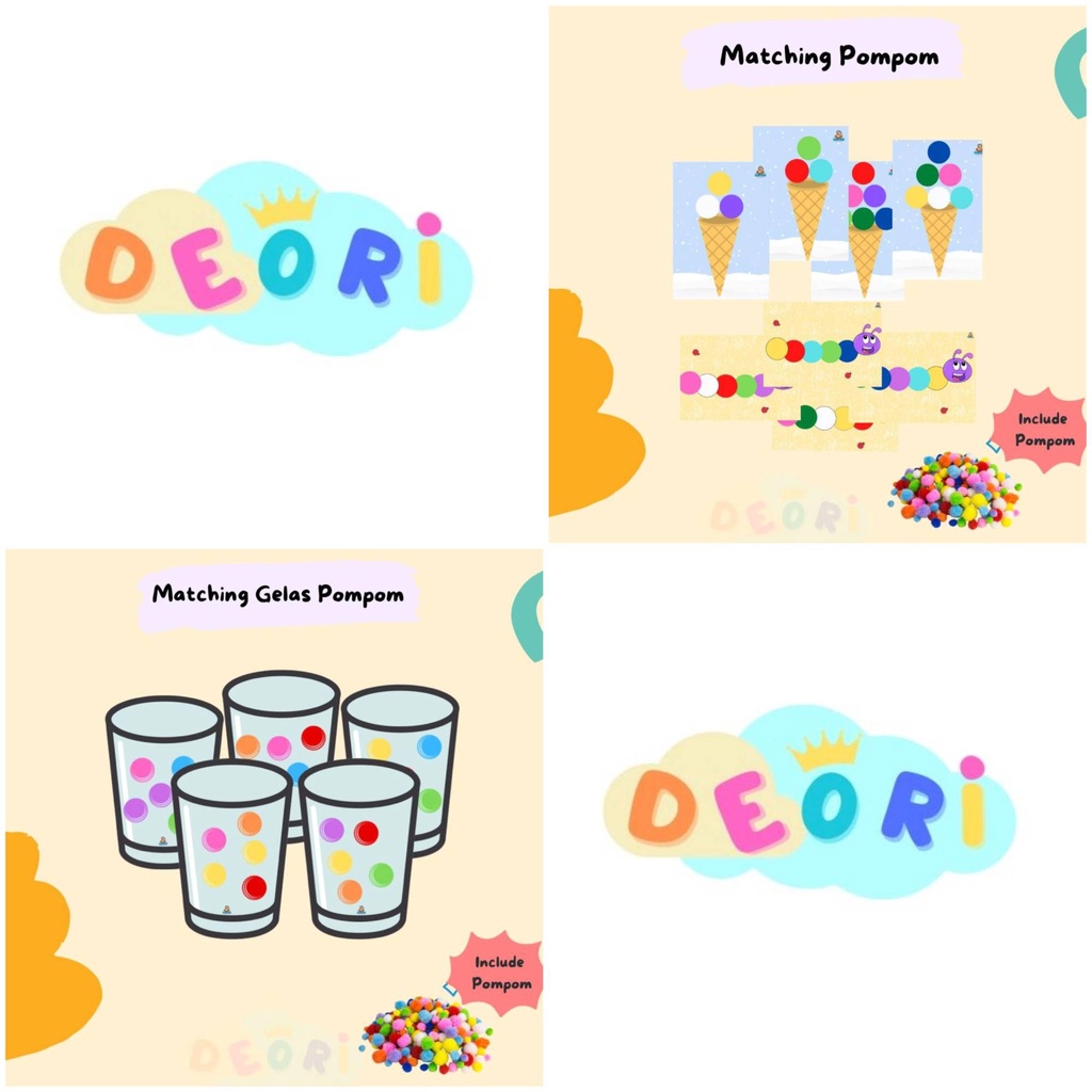 (Play with Deori) Worksheet Anak Gelas Pompom, Es Krim Pompom dan Ulat Pompom Warna Warni Montessori