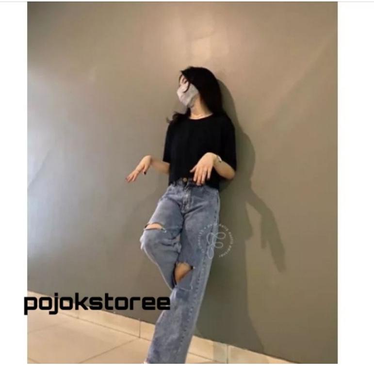 HHWAIST KULOT JEANS SOBEK LUTUT LOOSE WANITA SNOW JEANS DENIM CELANA KULOT SOBEK BOYFRIEND RIPPED JE