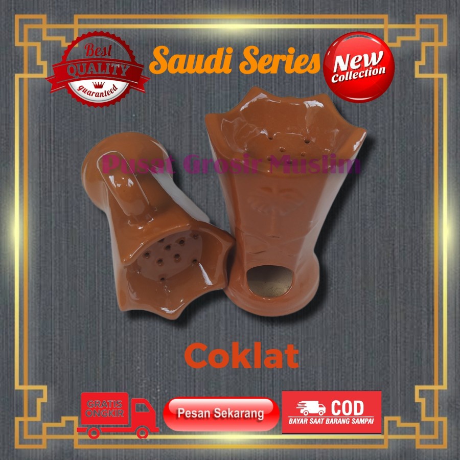 Tempat Bakaran Dupa Kramik Motif Saudi COKLAT Buhur Wadah gaharu Bukhur Prapen Keramik