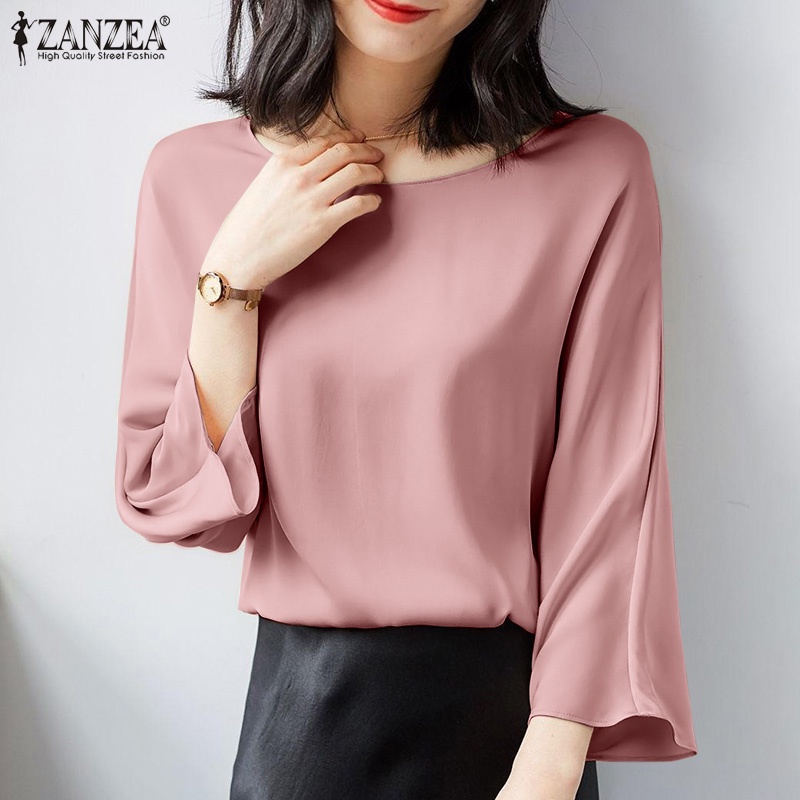 ZANZEA Women Korean Fashion Three Quarter Sleeve Satin Loose Blouse