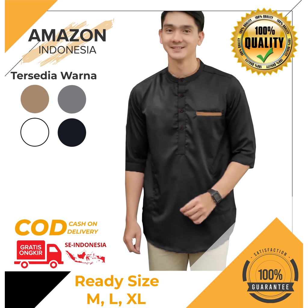 ATASAN BAJU KOKO MUSLIM PRIA LENGAN PENDEK PANJANG 3/4 KURTA WARNA HITAM BLACK BAHAN KATUN TOYOBO PREMIUM