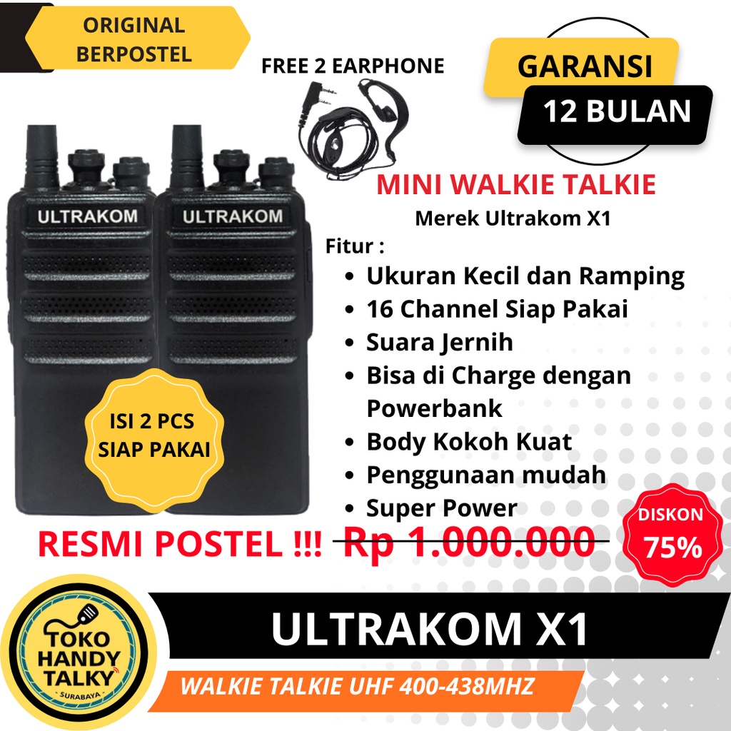 ULTRAKOM WALKIE TALKIE X1 UHF FM TRANSCEIVER NEW ORIGINAL GARANSI RESMI POSTEL