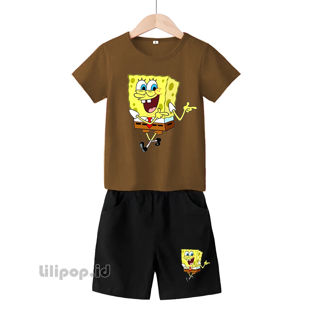 Baju Anak Stelan Kaos 3/4 Spongebob Cowok Cewek  Usia 1 - 4 Tahun Celana Pendek Harian