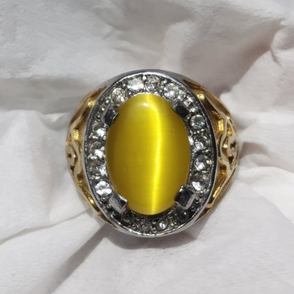 Batu Akik Cincin Titanium Permata Yellow Cat Eye Mata Kucing Kuning 3s108