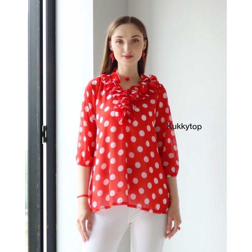 Kukky Top Blouse  Aileen Sifon Polkadot  Baju Atasan Wanita Korean Style 5840