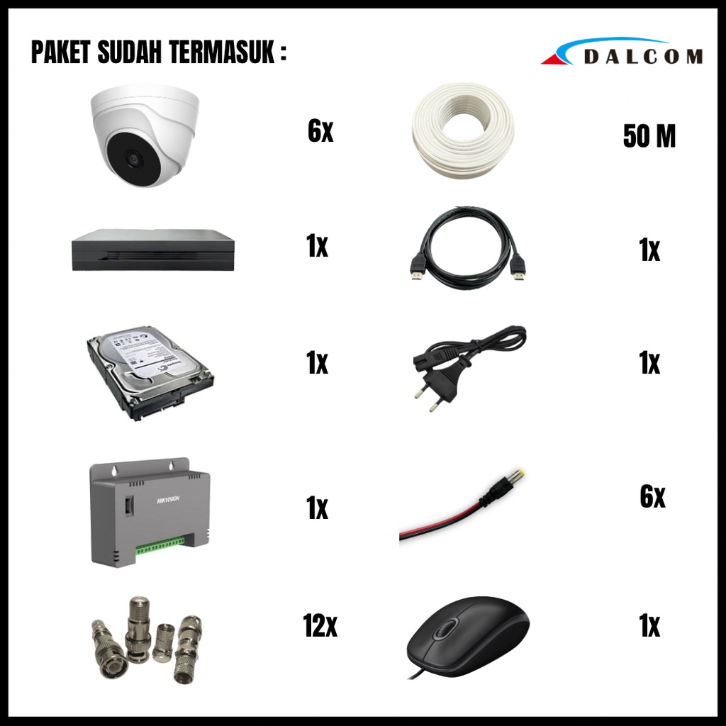 PAKET CCTV DALCOM 8 CHANNEL 6 KAMERA 2K 1080P