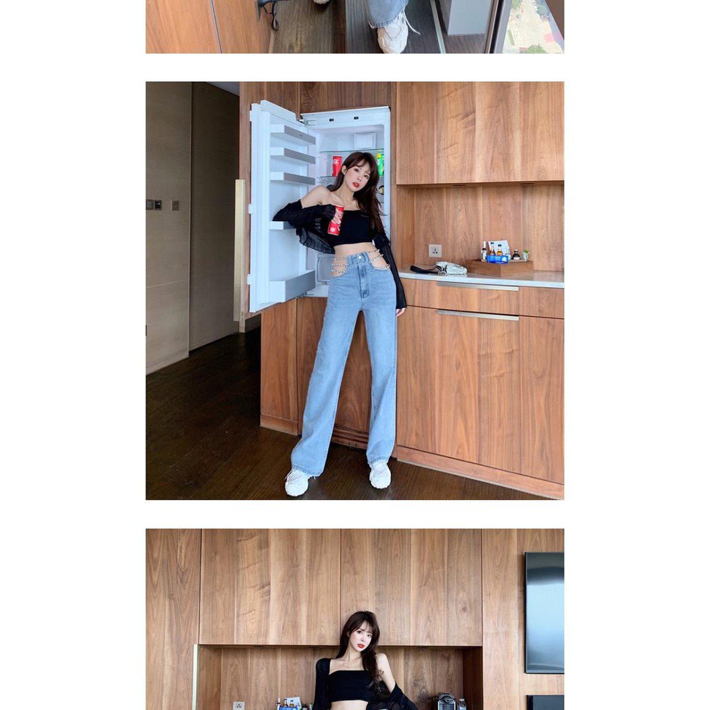 [✅BISA COD] #Sisjuly# rantai desain high-waist meninju celana panjang lurus celana jeans wanita musi