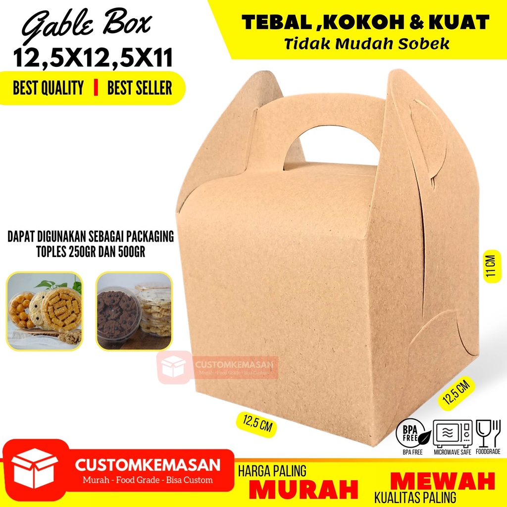 

Gable Box Kraft 12,5x12,5x11 / Gable Box / Box Hampers / Dus Souvenir / Dus Kue / Dus Roti / Kemasan Roti