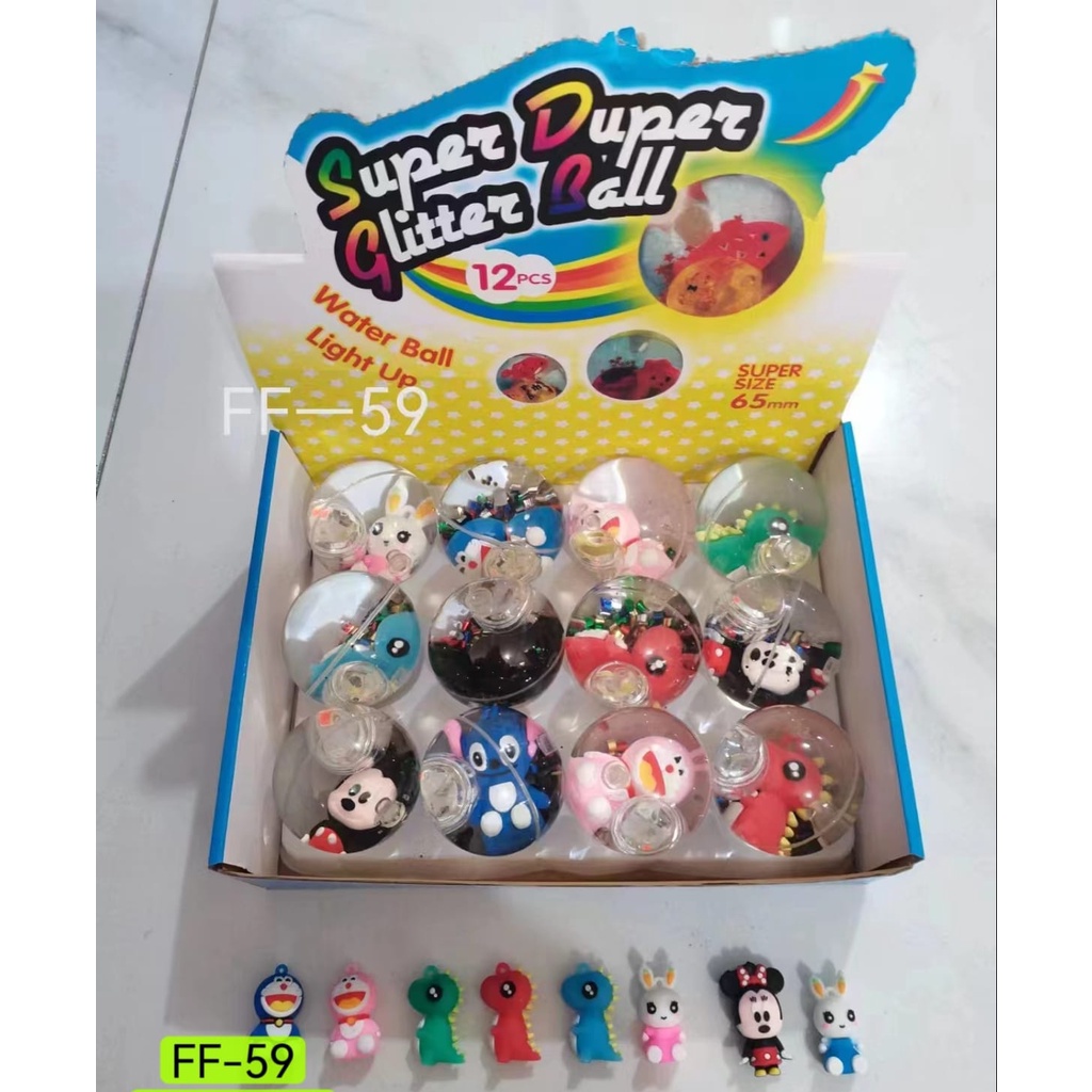 SUPER DUPER GLITTER BALL WATER BALL BOLA BEKEL unik NYALA lampu disko 65MM BOLA karet AIR mainan anak tradisional jadul