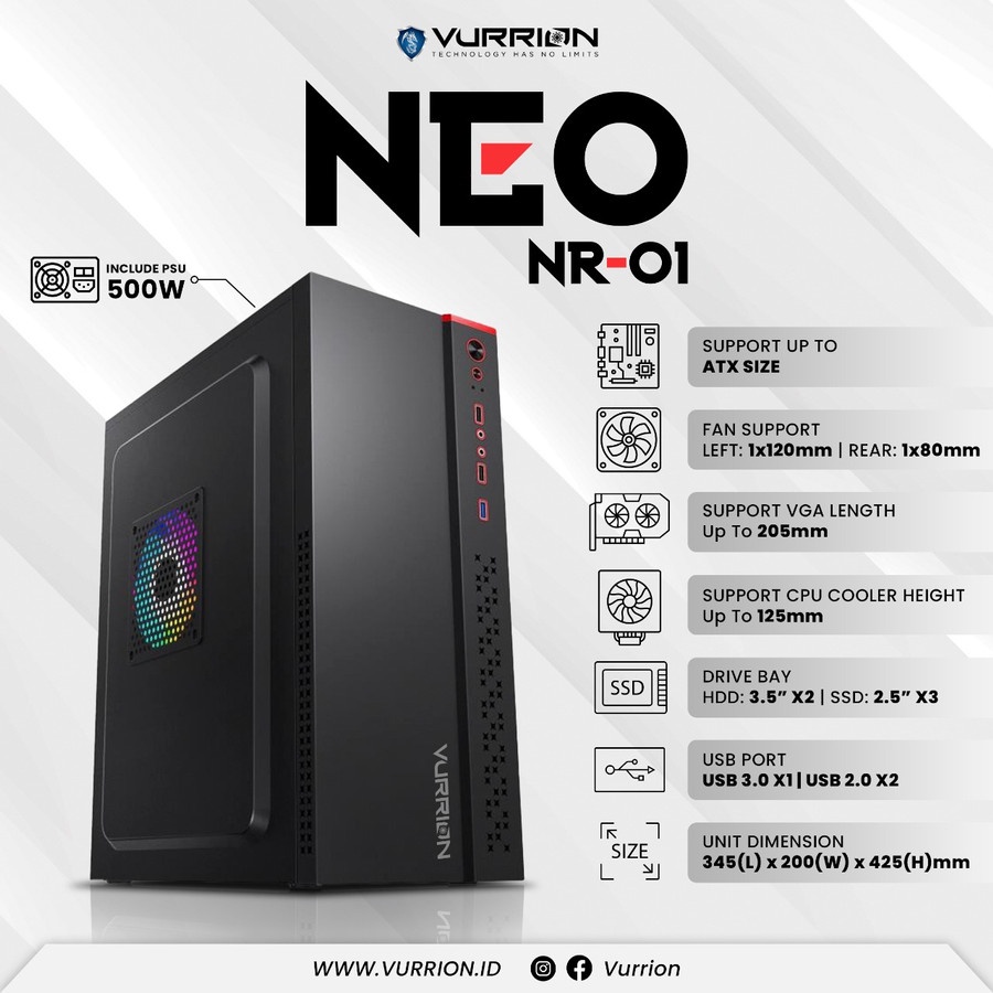 Casing VURRION NEO NR-01 include PSU 500W ATX PC Case USB 3.0