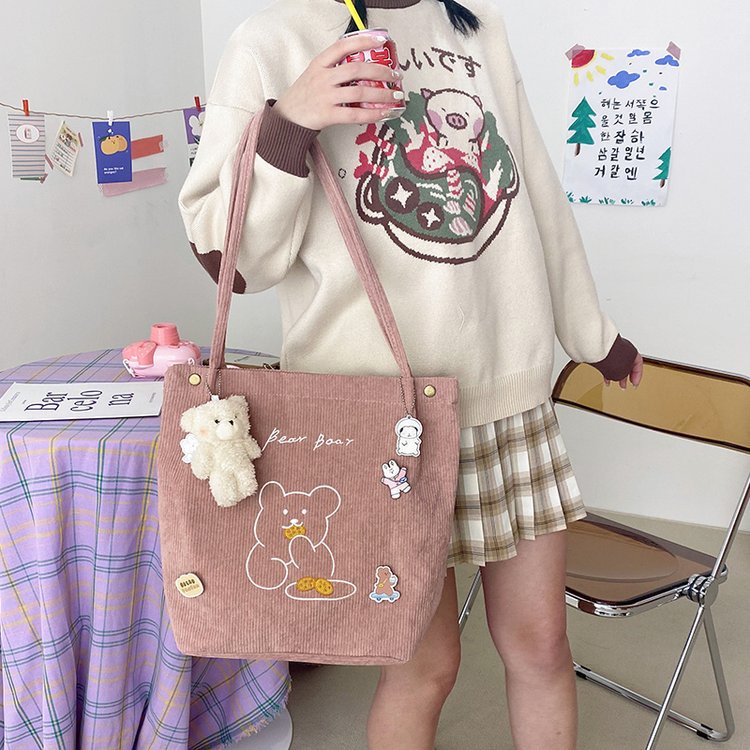 BEARY Shoulder Tote Hand Bag Tas Bahu Kuliah Sekolah Wanita Aesthetic Motif Karakter Beruang Dumpling Mini Ootd Konser Lucu Fashion Karakter Beruang Stylish  Wanita Korean Vintage Style Chikoisme