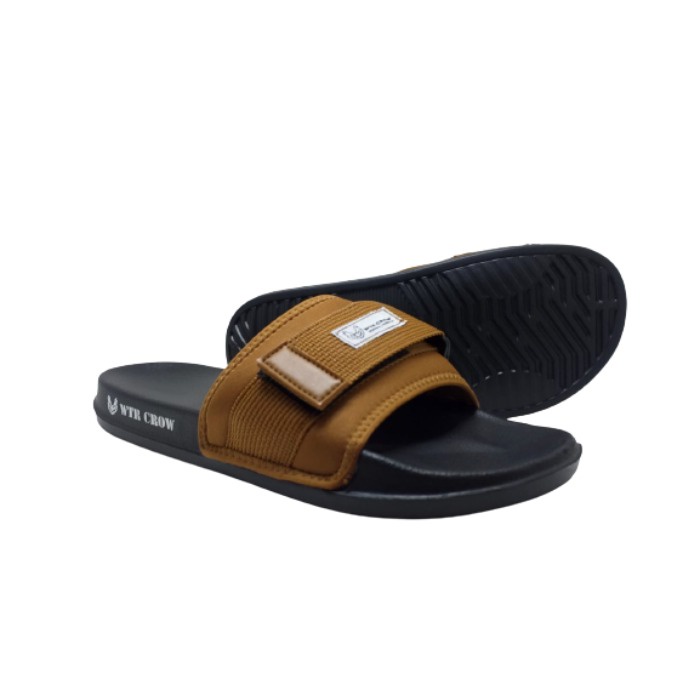 Sandal Slide Pria Slip On Simple Ringan Black Tan WTR Crow