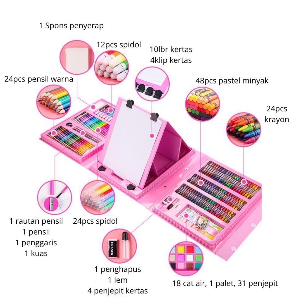 Super Mega Art set 208 Pcs crayon set Spidol warna set Cat air set  Pensil warna set pastel Minyak Set alat melukis gambar Set Drawing Koper Gulali - Set Alat Gambar Anak Crayon Gambar Pensil Warna 208 Buah Art Set