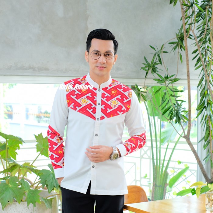 Baju Koko Kurta Pria Dewasa Slimfit Lengan Panjang Modern Heem Muslim Warna Merah Putih