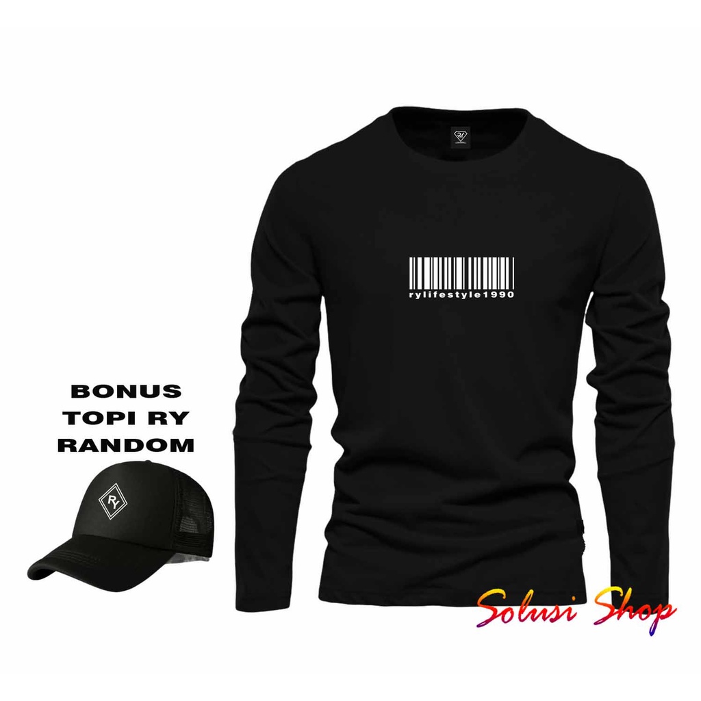 SolusiShop Kaos - Panjang Barcode Ry Lifestyle 1990 Putih + Free Topi - Kaos Pria Wanita