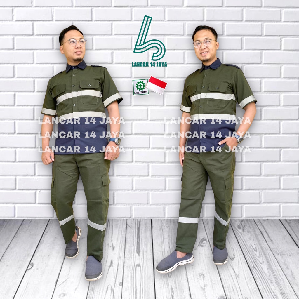 Setelan Safety Lengan Pendek Kemeja Safety dan Celana Kombinasi- Seragam Proyek - Seragam Lapangan Scotlight - Wearpack Atasan - Katelpak Atasan