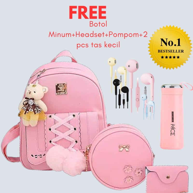 Tas Ransel Wanita New Stylish Backpack Ransel Jalan Jalan Tas Kuliah Wanita 4in1 Free Botol Minum